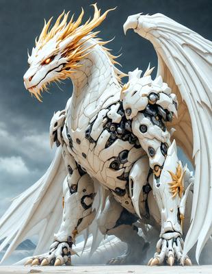 The primary subject of the image is a white dragon with gold accents. The dragon is standing on a rocky surface, which serves as the setting for the scene. The visual style of the image is digital art, as it appears to be a computer-generated or digitally rendered creation. The dominant colors in the image are white and gold, giving the dragon a sleek and elegant appearance.